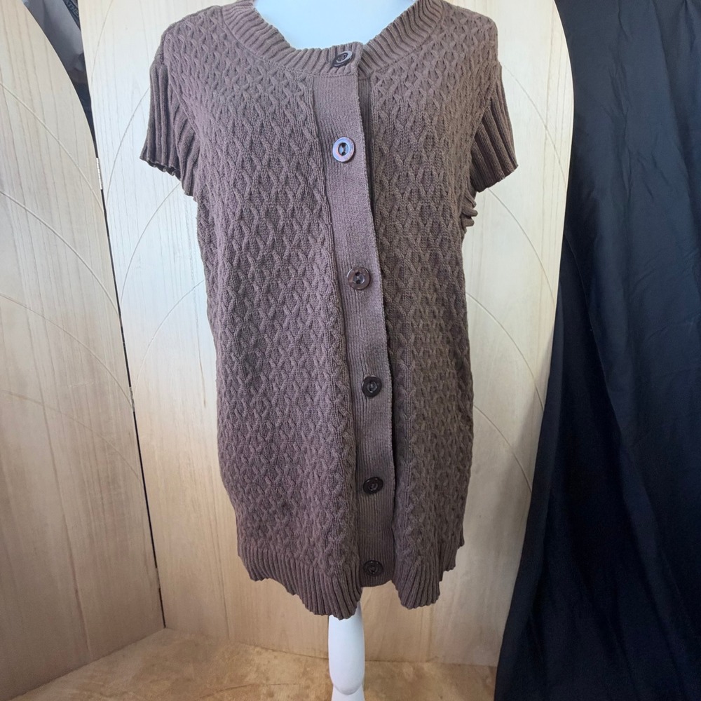 Liz & Co Brown Cable Knit Short Sleeve Cardigan Sweater Button Front Tunic